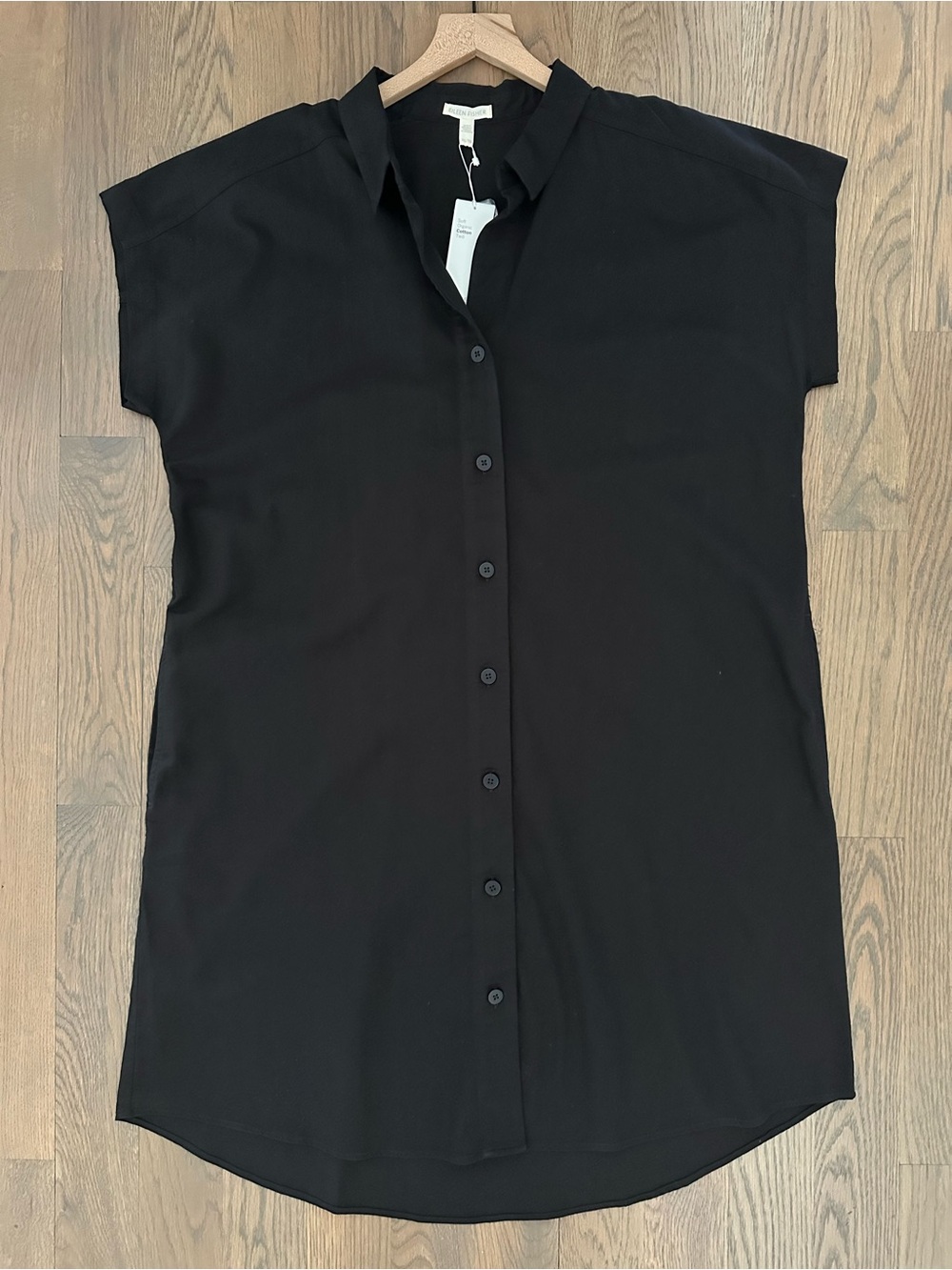 NWT Eileen Fisher Cotton Poplin Classic Collared Shirt Dress in Black XL
